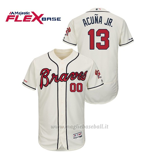 Maglia Baseball Uomo Atlanta Braves Ronald Acuna Jr. 150th Aniversario Patch Autentico Flex Base Crema